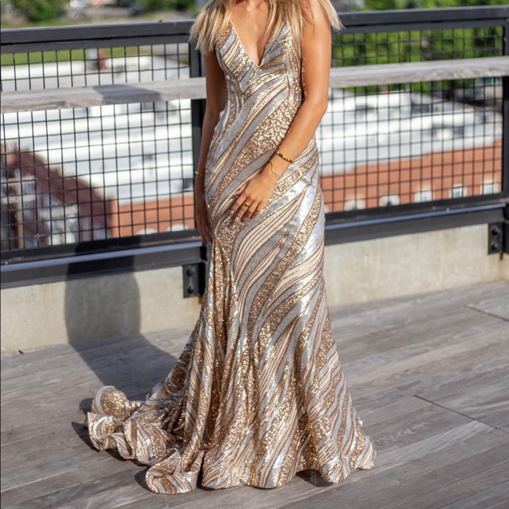 Jovani 22314 prom sequin dress in gold silver nude